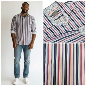 Thomas Dean Mens XL Striped Button Down Shirt Blue Red White Floral Trim Cotton